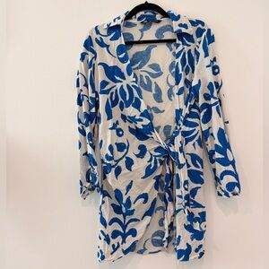 Zara Blue and White Printed Wrap Linen Dress